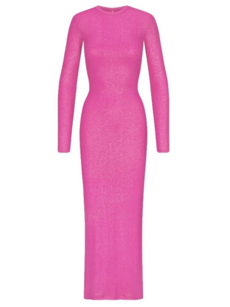 Skims Rare Shimmer Ribbed Maxi Hot Pink Barbiecore Dress Large